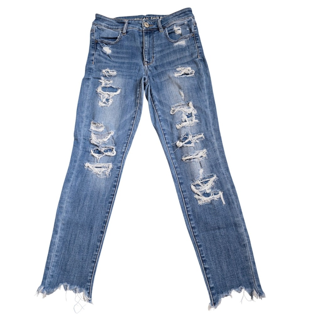 American Eagle Hi-Rise Jegging Crop Grunge Distressed Raw Hem Jeans Blue Size 6